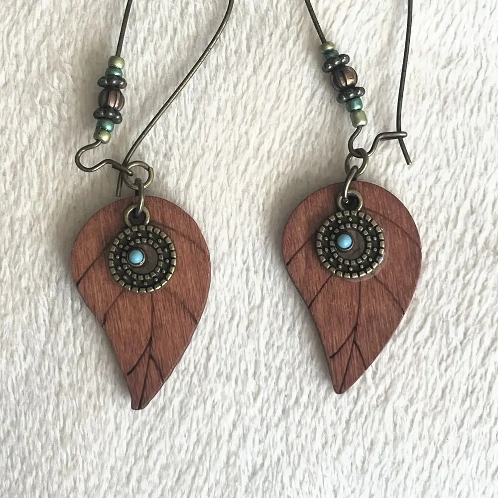 NEW Western Wooden Leaf Feather Earrings Brown with Turquoise Beading Boho Drop